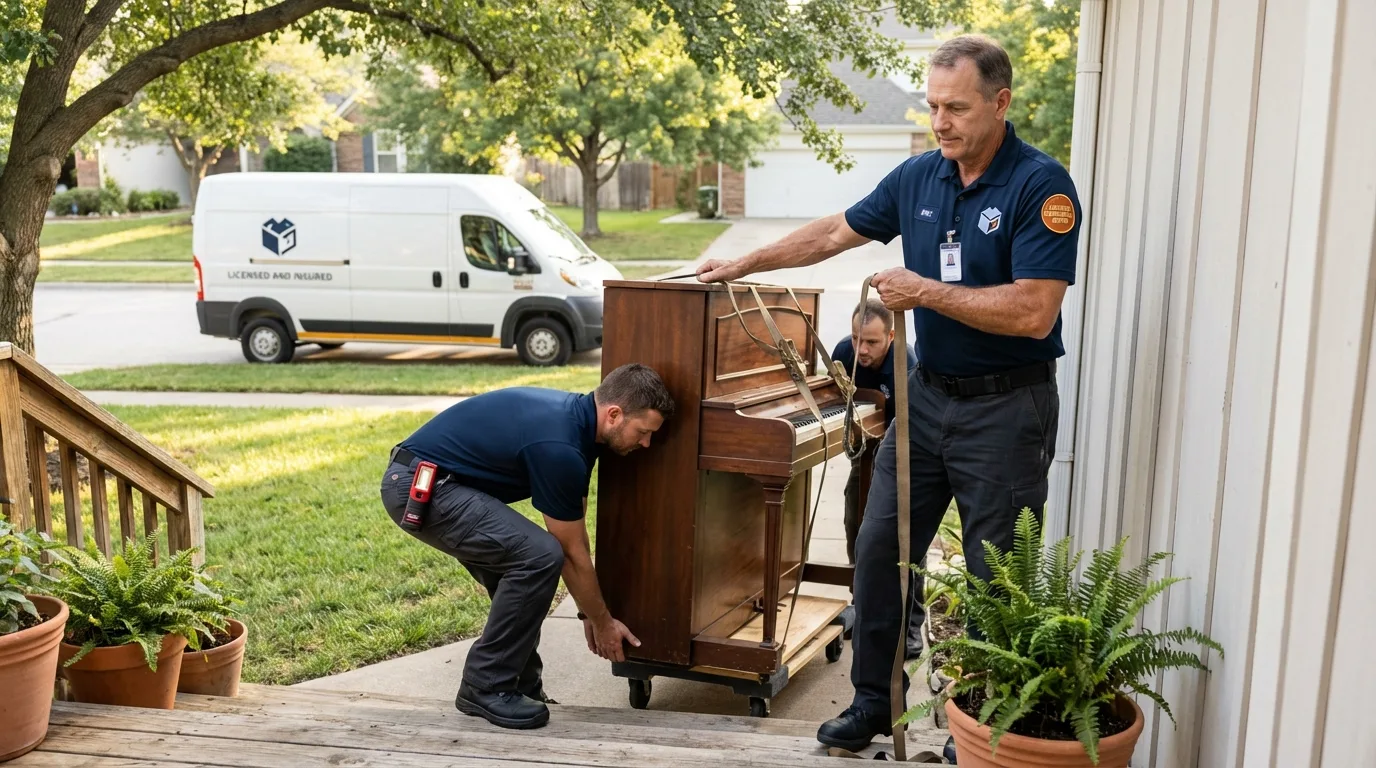 Licensed piano movers securing grand piano in Oostburg, WI
