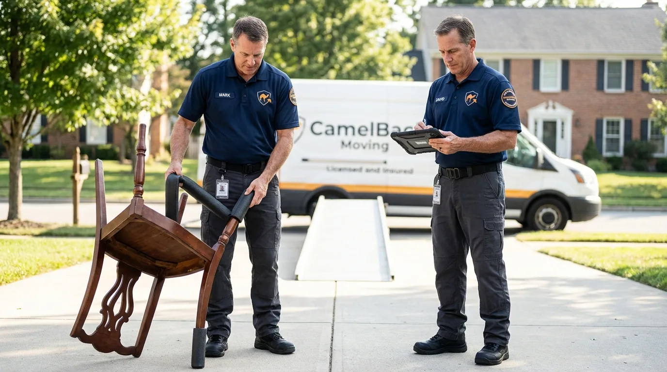 Movers inspecting furniture for damage prevention before loading in Oostburg, WI
