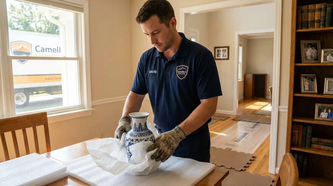 Professional crew carefully wrapping antique vase for senior downsizing move in Oostburg, WI